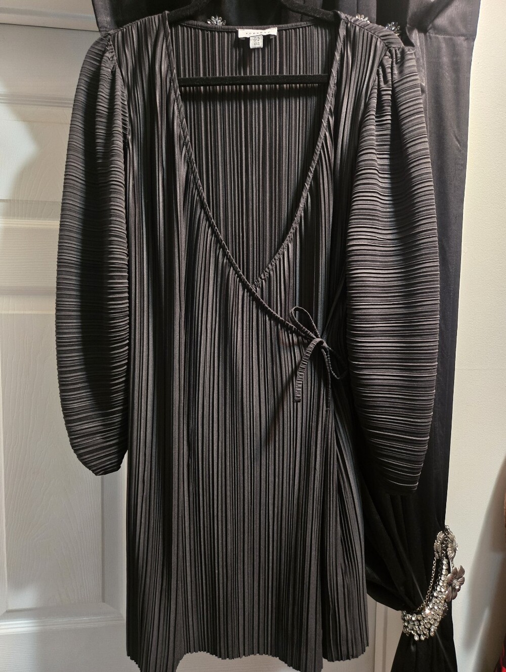 Topshop Black Pleated Long Sleeve Wrap Dress